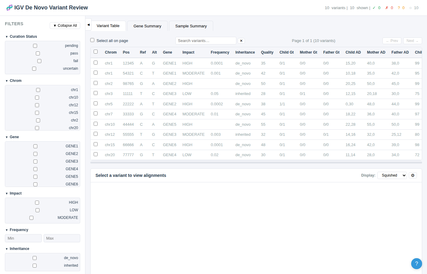 Full application overview showing the variant table, filter sidebar, and IGV viewer area