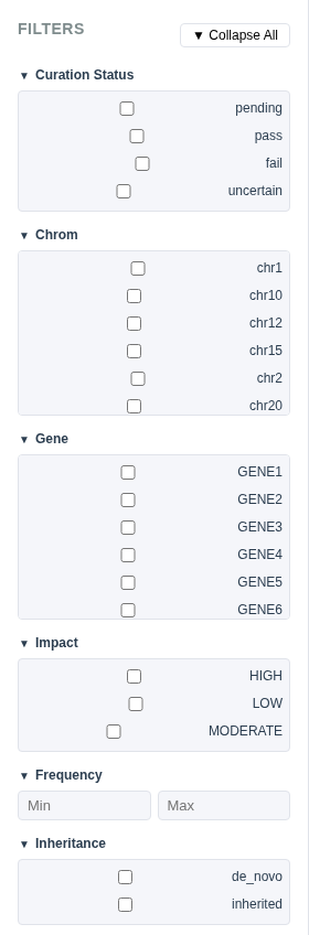 Filter sidebar showing gene checkboxes, impact checkboxes, frequency range inputs, and curation status filters