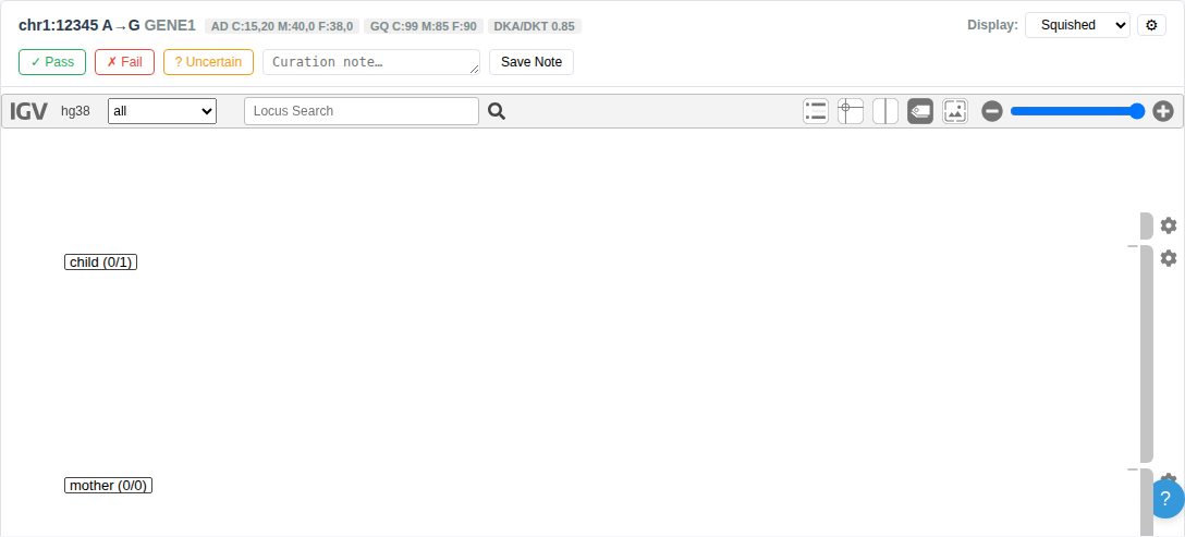 IGV viewer showing variant metadata, curation buttons, genome viewer placeholder, and track status indicators