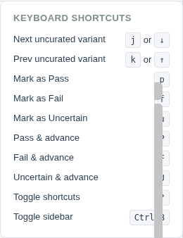 Keyboard shortcuts overlay panel showing all available shortcuts